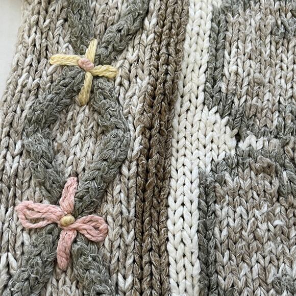 Vtg Cottage Hand knitted Womens Sweater Ramie Embroidered Flower Grandma M Cozy - Picture 8 of 8